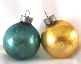 Plain Blue and Gold Glass Ornaments, Vintage Christmas Baubles