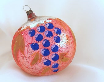 Large Vintage Christmas Ornament, Hand Painted Purple Grapes on Pink HolidayOrnament