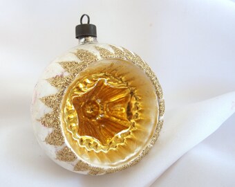 Vintage Christmas Ornament, White and Gold with Gold Glitter Glass Bauble