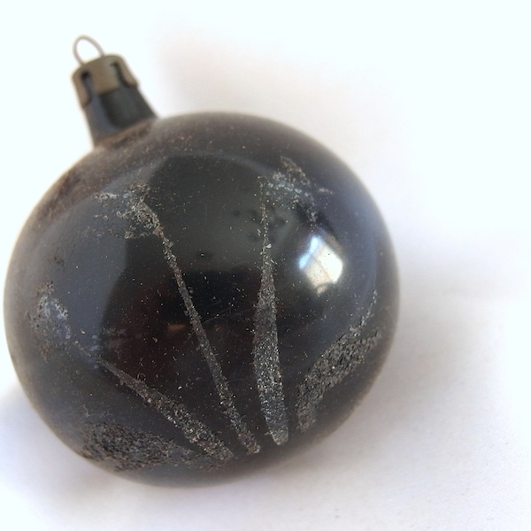 Large Black Ornament, Vintage Hand Decorated Poland Christmas Ornament, White Mica Lily Flowers