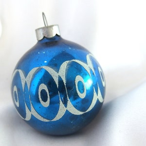 Blue Christmas Ornament with Mod White Mica Ovals, Vintage Glass Bauble