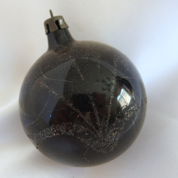 Large Black Ornament, Vintage Hand Decorated Poland Christmas Ornament, White Mica Lily Flowers