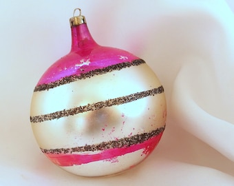 Large Vintage Christmas Ornament, Pink, Black Mica and Matte Silver Striped Holiday Ornament