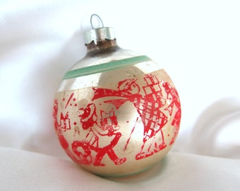 Large Vintage Christmas Ornament, Stenciled Children with Gifts USA Holiday Ornament
