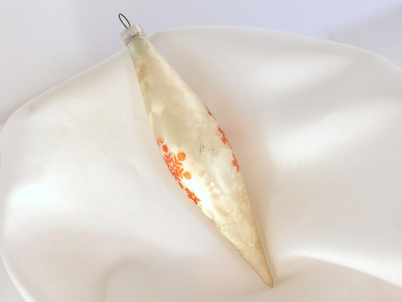 Vintage White Frosted Torpedo Icicle Ornament with Gold Snowflakes Austria Christmas Ornament 1 image 5
