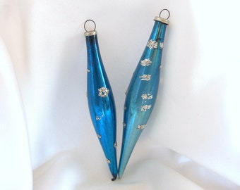 2 Vintage Japan Christmas Ornaments, Blue Icicles / Torpedo Holiday Ornaments with Silver Glitter Dots, Japan