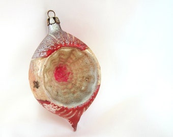 Large Burgundy and Silver Indent Teardrop Ornament with Houses, Vintage Christmas Decoration