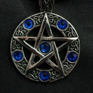 Pentagram Blue Stones Pendant, Wiccan Pendant, Dark Witch Star Locket, Occult Witchcraft Jewelry, Pentacle Statement Roundel, Medical Steel