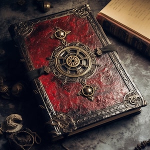 Puede incluir: Un diario de cuero rojo encuadernado con detalles metálicos ornamentados y un diseño de brújula. El diario tiene una correa de cuero negro con una hebilla de metal.
