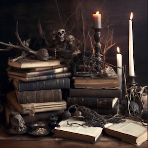 May include: A dark and atmospheric still life featuring a stack of antique books, a skull, and candles. The books are arranged in a pile, with the top book open. The skull is placed on top of the books, and the candles are lit and placed on either side of the skull. The scene is set against a dark background, creating a mysterious and atmospheric feel.