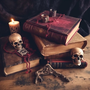 May include: A still life featuring two antique books, a lit candle, two silver cups, and two human skulls. The books are stacked on top of each other, and the candle is sitting on the bottom book. The skulls are sitting on the top book and the table.