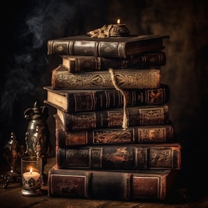 May include: A stack of vintage leather-bound books with a small candle on top. The books are arranged in a pyramid shape and have a rustic, antique look.