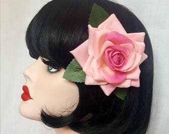 Baby pink velvet rose with green leaves hair clip