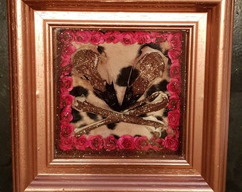 3 D leopard , rose gold frame, love pheasant skulls taxidermy and and bones with pink roses wall frames