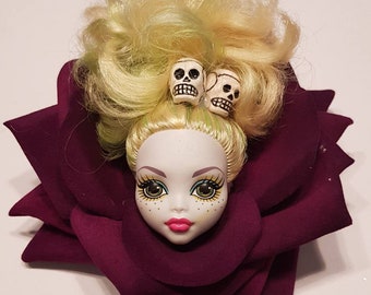 Blonde & green  psychobilly monster high doll head in purple rose fascinator