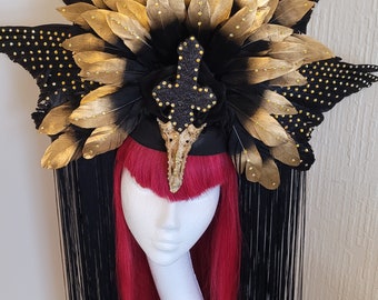 Gold feathers tassles and wings decadence queen super sparkling show stopper headdress