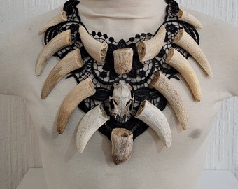 Viking, brocade , unisex Mad Max, rabbit skull and antlers taxidermy necklace ,chest piece necklace.