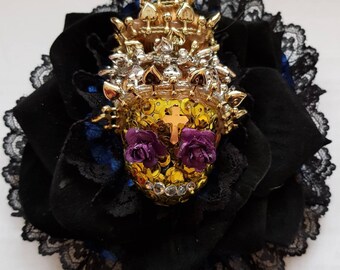 Day of the dead gold, purple and gold doll in big velvet rose with diamontees and sequins  fascinator In blue and black lace trim