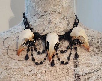 Black pearls and small partridge bird skulls necklace