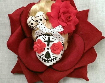 Day of the dead skulls doll face in red rose fascinator