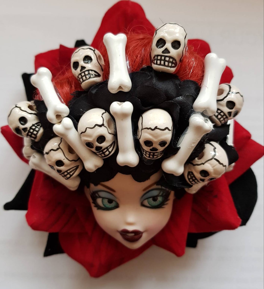 Day of the Dead Doll in Bright Red Rose With Skulls Fascinator - Etsy