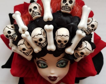 Day of the dead doll  in bright red rose with skulls fascinator