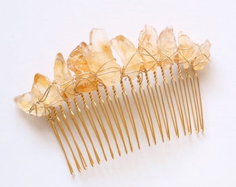 Citrine hair comb, crystal hair comb, gemstone hair accessory, raw crystal hair accessory, wedding hair comb, bridal hair gold silver