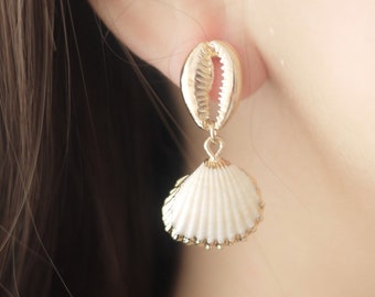 Orecchini Pendenti Boho Conchiglia Cowrie - Goccia Spiaggia Estate Oro