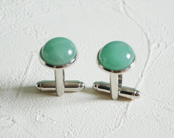 Green aventurine  cufflinks, Gemstone cufflinks, crystal cufflinks, Stone cufflinks, Silver cufflinks, Groomsmen cufflinks, Gift for him