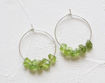 Green peridot hoop earrings, raw crystal earrings, August birthstone, raw quartz earrings, rough gemstone earrings, crystal dangle earrings