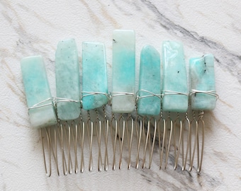 Amazonite hair comb, crystal hair comb, gemstone hair accessory, raw crystal hair accessory, wedding hair comb, bridal hair gold silver