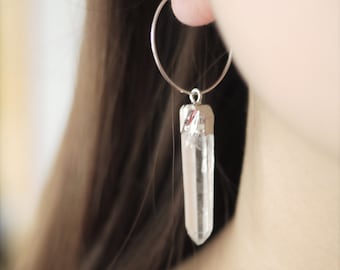 White quartz hoop earrings, raw crystal earrings, gemstone earrings, raw quartz earrings, rough gemstone earrings, crystal dangle earring