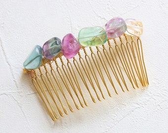 Rainbow fluorite hair comb, crystal hair comb, gemstone hair accessory, raw crystal hair accessory, wedding hair comb, bridesmaid hair comb