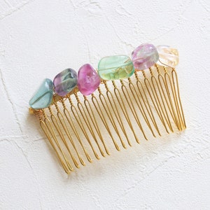 Rainbow fluorite hair comb, crystal hair comb, gemstone hair accessory, raw crystal hair accessory, wedding hair comb, bridesmaid hair comb