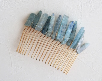 Blue kyanite hair comb, crystal hair comb, gemstone hair accessory, raw crystal hair accessory, wedding hair comb, bridal hair gold silver