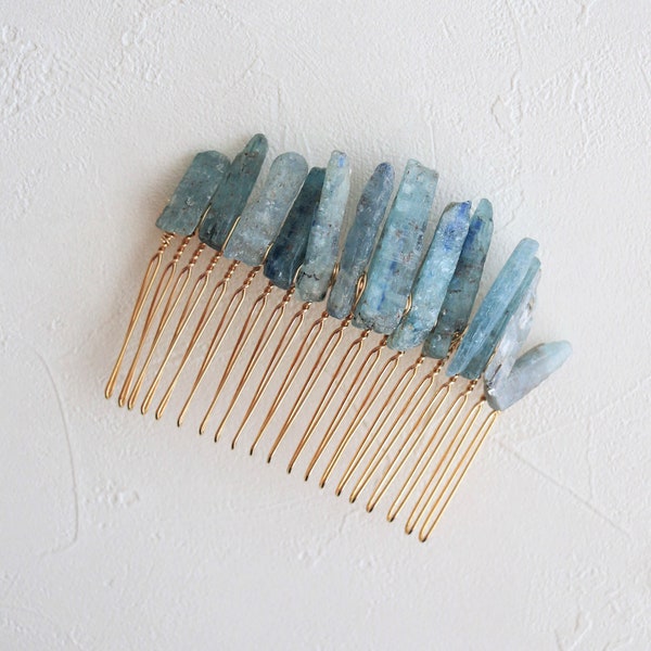 Blue kyanite hair comb, crystal hair comb, gemstone hair accessory, raw crystal hair accessory, wedding hair comb, bridal hair gold silver