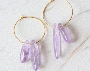 Amethyst hoop earrings, raw crystal earrings, gemstone earrings, raw quartz earrings, crystal hoop earrings, crystal dangle earring