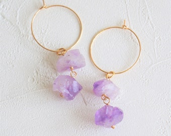 Amethyst hoop earrings, raw crystal earrings, gemstone earrings, crystal quartz earrings, rough gemstone earrings, crystal dangle earring