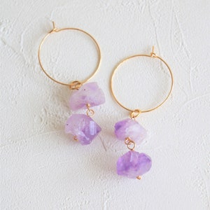Amethyst hoop earrings, raw crystal earrings, gemstone earrings, crystal quartz earrings, rough gemstone earrings, crystal dangle earring