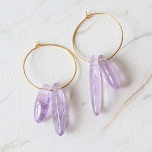 Amethyst hoop earrings, raw crystal earrings, gemstone earrings, raw quartz earrings, crystal hoop earrings, crystal dangle earring image 1