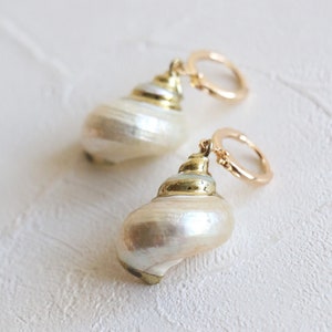 Könnte beinhalten: Ein Paar goldene Creolen mit weißen Muschel-Anhängern. Die Muscheln haben einen goldenen Rand und eine perlmuttartige Oberfläche.