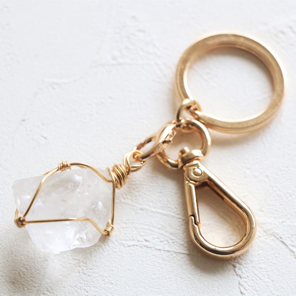 Chaveiro de quartzo branco, chaveiro de pedra, chaveiro de pedra preciosa, chaveiro boho, chaveiro de pedra natural, cristal bruto, presente de cristal, cura de cristal