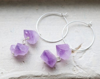 Raw amethyst hoop earrings silver gold earrings, raw crystal earrings, gemstone earrings, crystal quartz earrings, rough gemstone earrings,