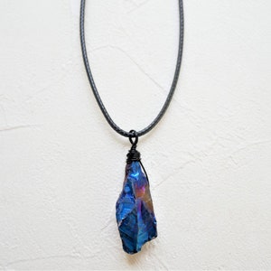 Blue titanium quartz necklace, crystal cord necklace, natural crystal necklace, gemstone necklace, raw quartz necklace, crystal necklace