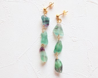 Rainbow fluorite earrings, raw crystal earrings, gemstone earrings, raw quartz earrings, rough gemstone earrings, crystal dangle earrings