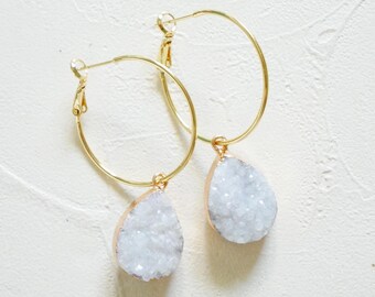 White Agate Druzy Gold Hoop Earrings, Gold Plated Natural Gemstone Jewelry