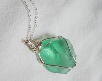 Raw Green Fluorite Necklace, Wire Wrapped Crystal Pendant, Natural Gemstone Jewelry