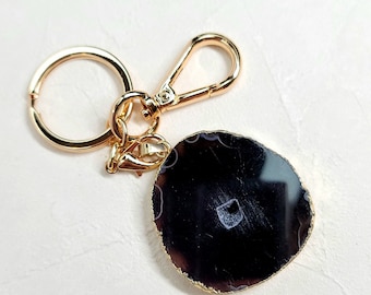 Agate geode keychain, crystal keychain, gemstone keychain, boho keychain, natural stone keychain, raw crystal, crystal healing, black agate