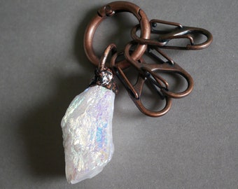 Weißer Quarz Schlüsselanhänger, Druzy Kristall Schlüsselanhänger, Edelstein Schlüsselanhänger, Boho Schlüsselanhänger, Naturstein Schlüsselanhänger, Rohkristall, Kristall Geschenk