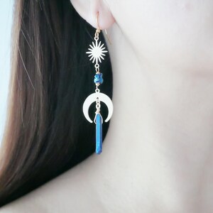 Titanium Quartz Dangle Earrings, 18k Gold Plated Moon Sun Charm, Gemstone Drop Jewelry